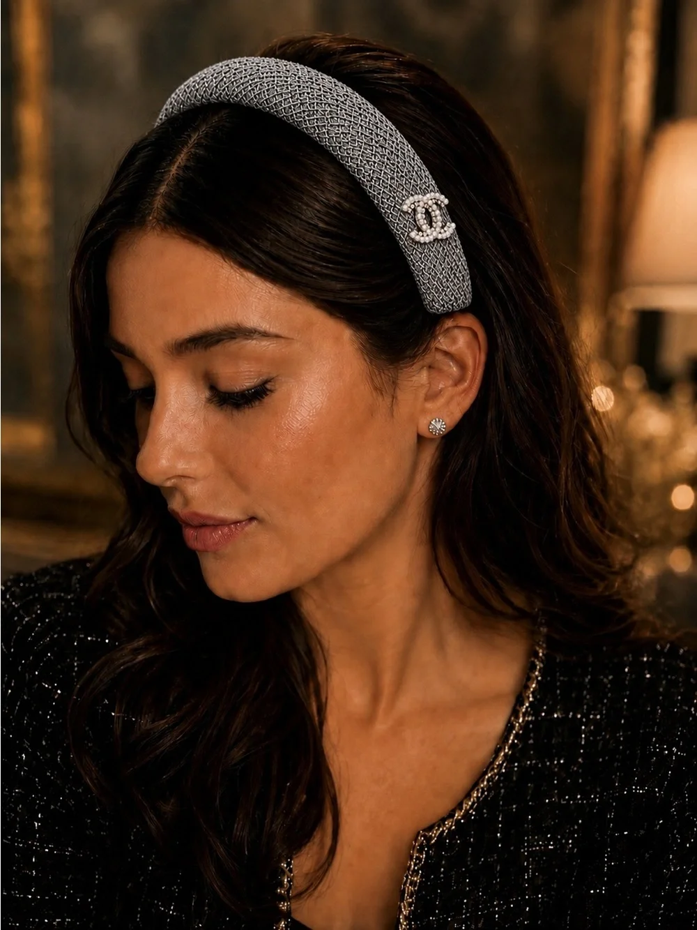 Gray Tweed Headband with Pearl Embellished CC Accent